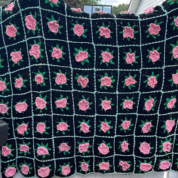 Black pink and green handmade Crochet/Knitted Rose Afghan Throw Blanket